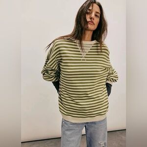 We the Free Classic Striped Oversized Crew Neck Sweatshirt Green Woodland L